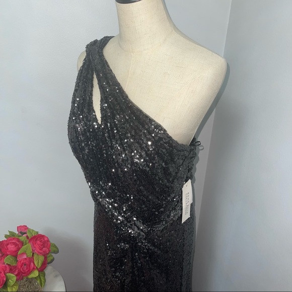 # Rene Ruiz Collection Gunmetal Color One Shoulder Sequined Gown With High Slit - Picture 6 of 16